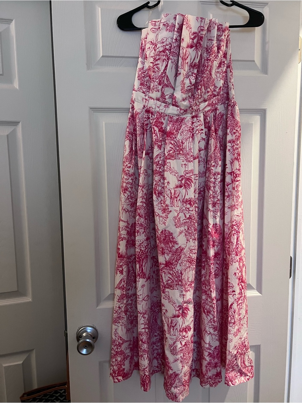 Strapless Pink Toile Print Maxi Dress